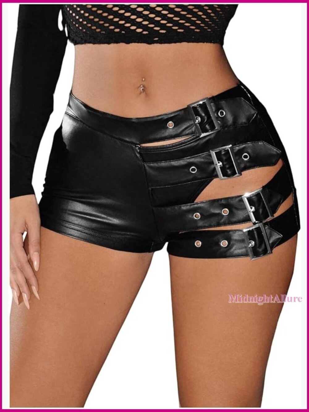 Low Rise Leather Shorts with Buckle Detail, Cut Out Design, Mini Length
